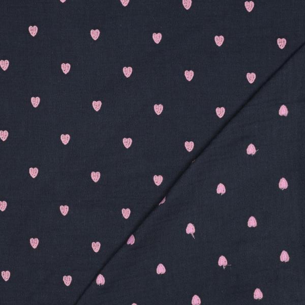 0,5 MTR. ♥ MUSSELIN GESTICKTE ROSE HERZEN - NAVY ♥