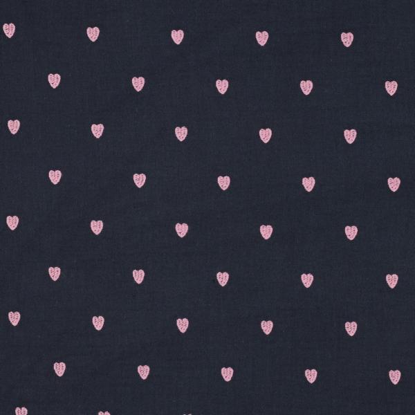 0,5 MTR. ♥ MUSSELIN GESTICKTE ROSE HERZEN - NAVY ♥