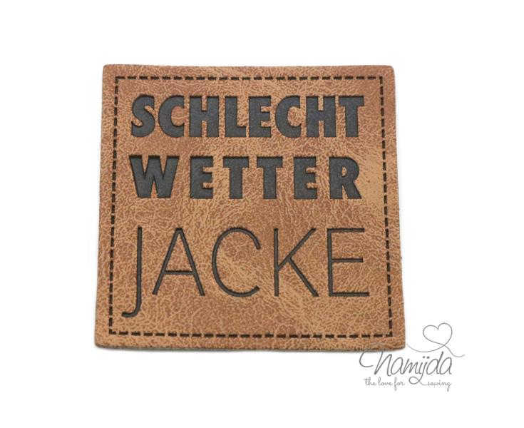 1 Stück - KuNSTLEDER LABEL - SCHLECHT WETTER JACKE  - AUFNÄHER MIT VORGEDRUCKTER NÄHNAHT - 40mm x 40mm