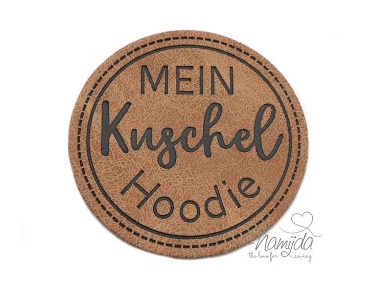 1 Stück - KuNSTLEDER LABEL - MEIN Kuschel Hoodie - AUFNÄHER MIT VORGEDRUCKTER NÄHNAHT - 40mm