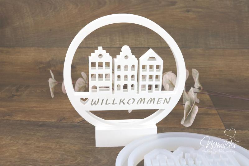 1 STÜCK ♥ GIESSFORM SILIKON WILLKOMMEN GIEBELHAUS KRANZ - RING - LOOP ♥