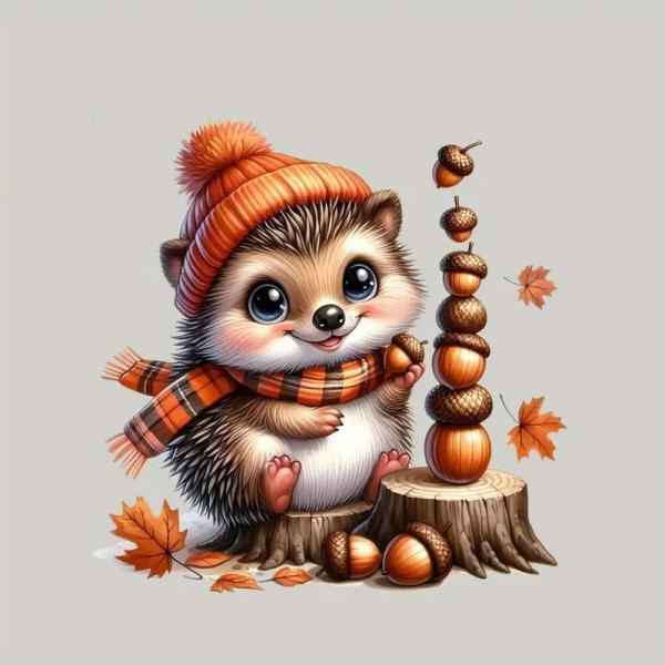 1 Stück - BÜGELBILD SÜßER HERBST IGEL MIT HASELNÜSSEN 22cm x 24cm