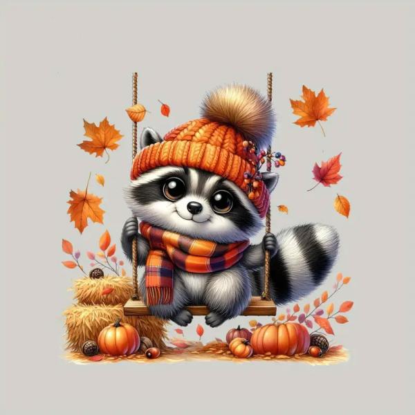 1 Stück - BÜGELBILD SÜßER HERBST WASCHBÄR AUF DER SCHAUKEL 22cm x 24cm