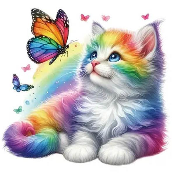 1 Stück - BÜGELBILD RAINBOW BUTTERFLY CAT 22cm x 22cm