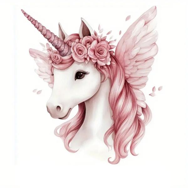 1 Stück - BÜGELBILD EINHORN ROSE 18cm x 18cm