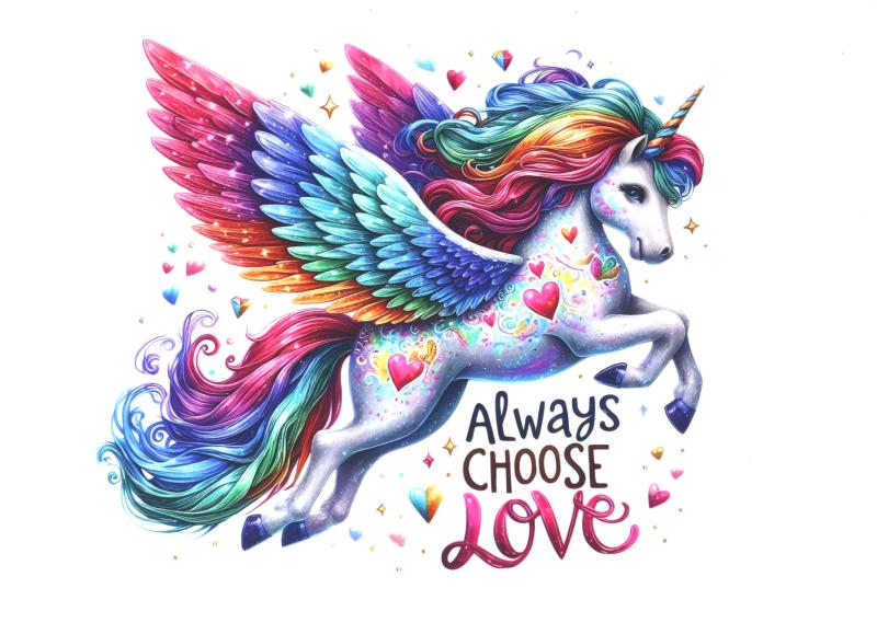 1 Stück - BÜGELBILD ALWAYS CHOOSE LOVE EINHORN 22cm x 22cm