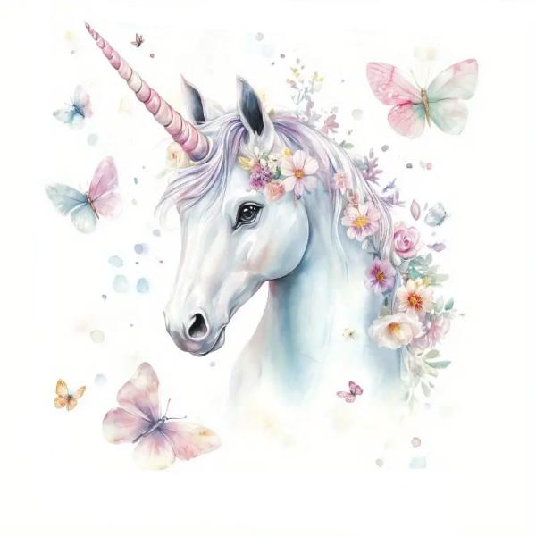 1 Stück - BÜGELBILD EINHORN & SCHMETTERLING 19cm x 20cm