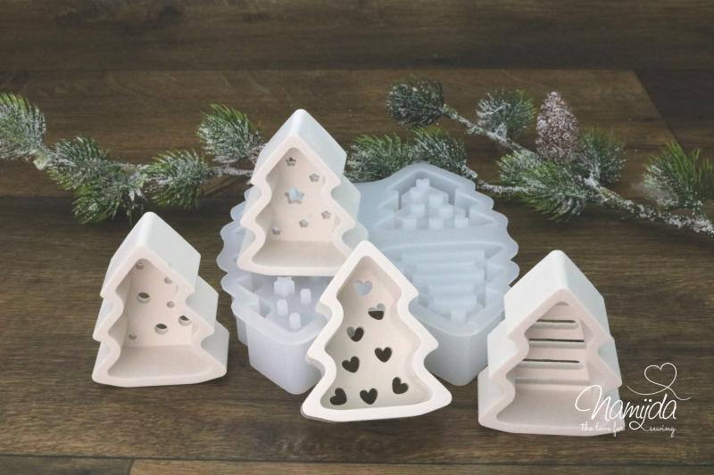 1 Set ♥ GIESSFORM SILIKON - 4 WEIHNACHTSBÄUME MIT ÖFFNUNG FÜR LED`S ♥