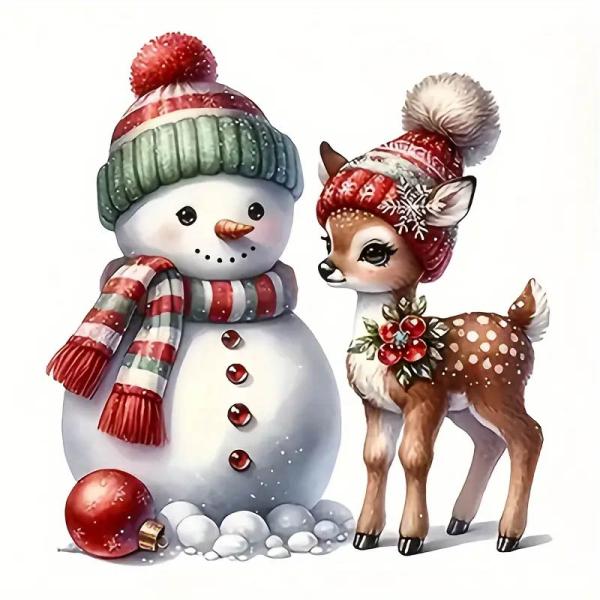 1 Stück - BÜGELBILD SCHNEEMANN & DEER 21x22,5cm
