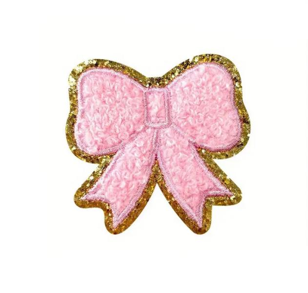 1 Stück - GLITZER SCHLEIFE ROSA CHENILLE PATCH