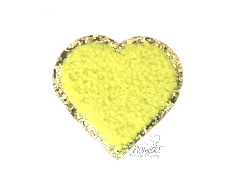 1 Stück - GLITZER HERZ GELB CHENILLE PATCH