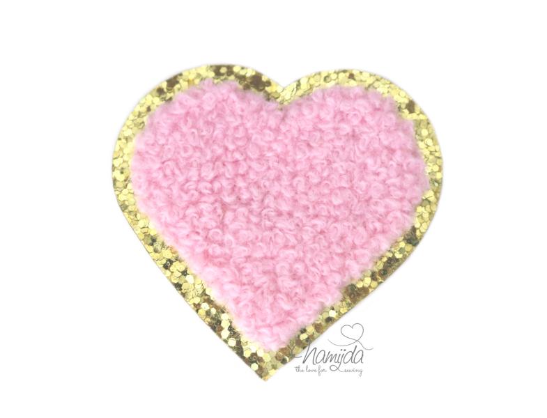 1 Stück - GLITZER HERZ ROSA CHENILLE PATCH