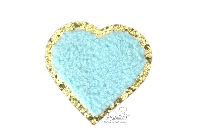 1 Stück - GLITZER HERZ TÜRKIS CHENILLE PATCH