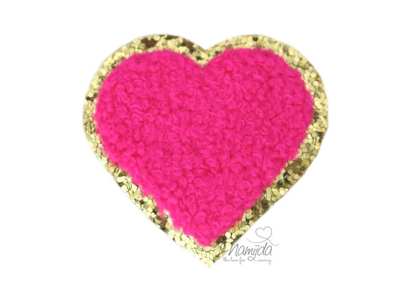 1 Stück - GLITZER HERZ PINK CHENILLE PATCH