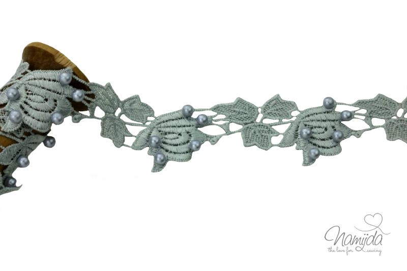 1 MTR. ♥ BLUMEN & PERLEN BORTE - GRAU - 43mm ♥
