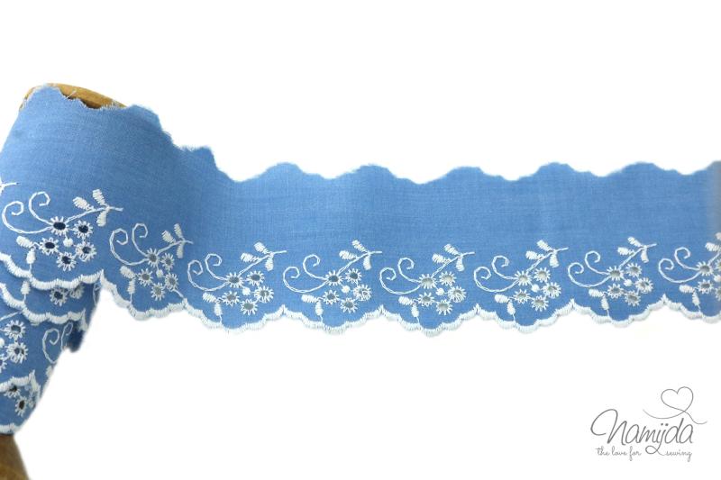 ♥1 Mtr. WäSCHESPITZE BLOSSOM - ZWEIFARBIG - JEANS LIGHT/WEISS - 5cm ♥ -