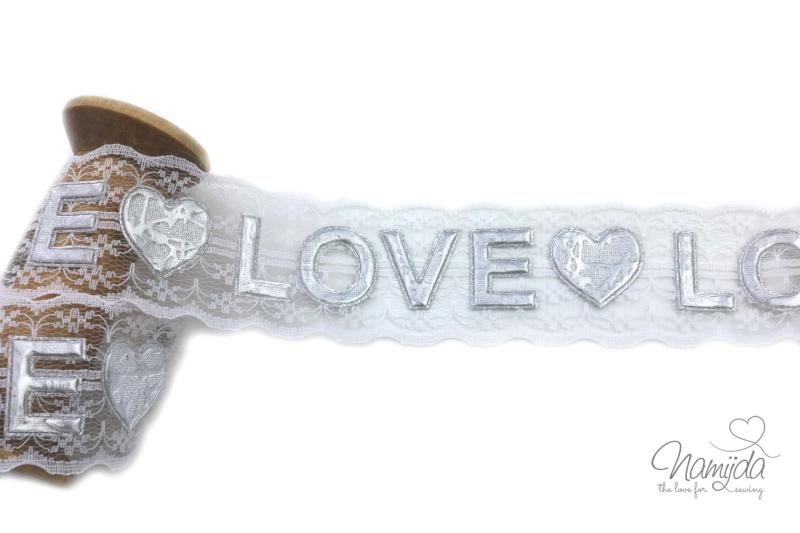 1 MTR. ♥  LOVE SPITZENBORTE - WEISS/SILBER - 4,5cm ♥