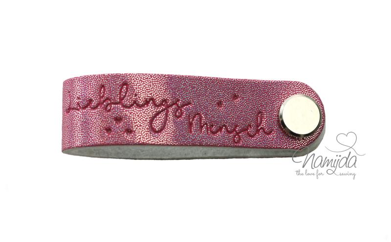 1 Stück - REFLEKTIERENDES KNiCK MiCH LABEL - LIEBLINGSMENSCH GLiTTER PINK + KuPFER VERNICKELTE SCHRAUBE