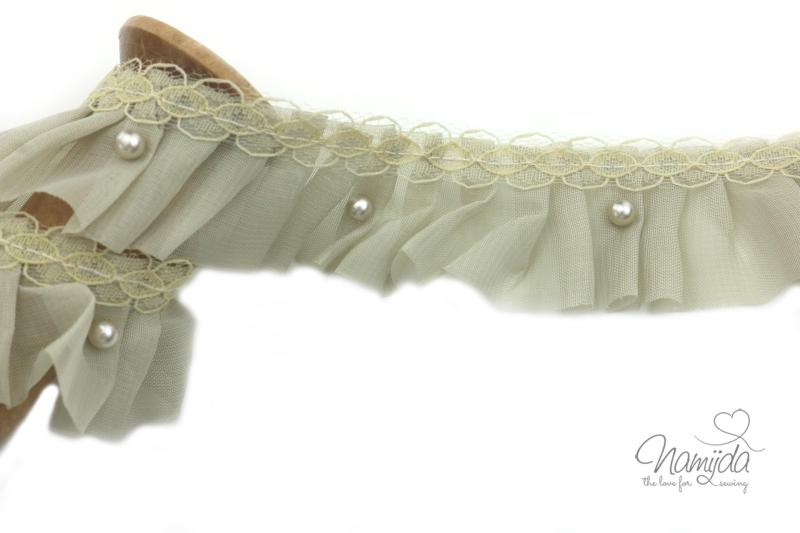 1 MTR. ♥ RüSCHENBORTE SOFT-TÜLL + PERLEN - KHAKI LIGHT ♥