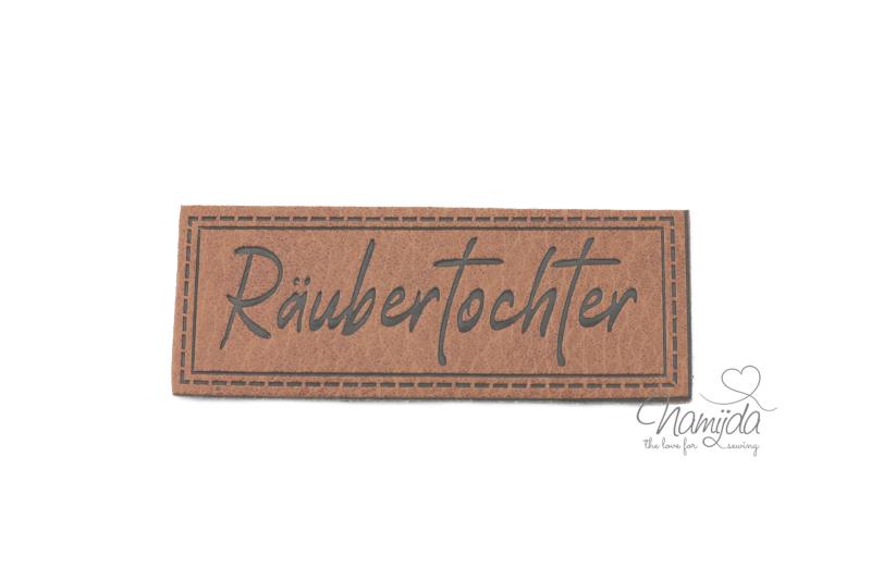 1 Stück - XL KuNSTLEDER LABEL RÄUBERTOCHTER - AUFNÄHER MIT VORGEDRUCKTER NÄHNAHT - 60mm x 25mm