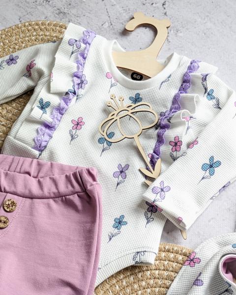 0,5 MTR. ♥ WAFFEL STRICKJERSEY - FLOWERS FLIEDER/ROSE ♥