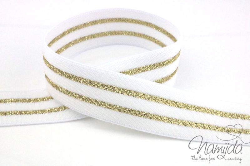 1 MTR. GLiTTER CONTRAST STRIPES - WeiSS-GOLD - 3cm - elastisch