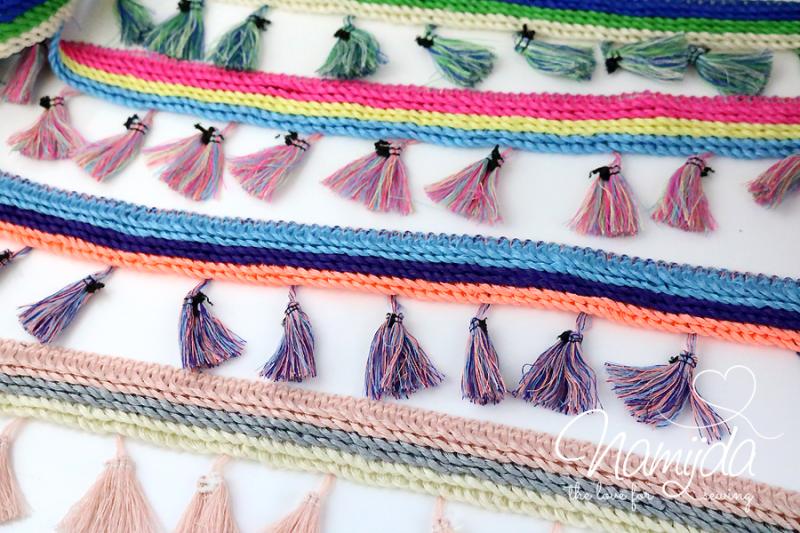 1 MTR. ♥ BOHO QUASTEN LoVE - GRüN/CREME - 7cm ♥
