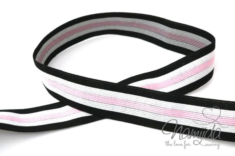 1 MTR. CONTRAST STRIPES - RoSA-WeiSS-SCHWARZ - 2,5cm - elastisch