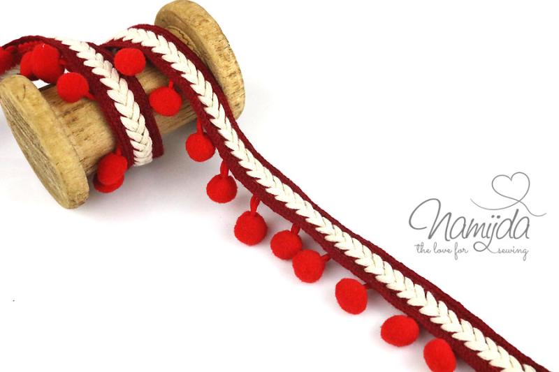 1 MTR. ♥ PoMPoM Bommelborten Zopfmuster Band - RoT ♥