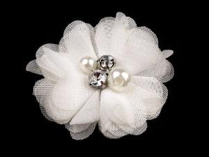 1 Stck. ♥ SATINBLüTE PERLE & KRISTALLSTEINCHEN - WEISS - 5cm ♥