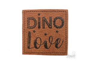 1 Stück - KuNSTLEDER LABEL - DINO LOVE  - AUFNÄHER MIT VORGEDRUCKTER NÄHNAHT -  45mm x45mm